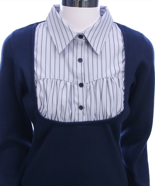 clear（クリア）の「ニットドッキングシャツミニワンピース［韓国ファッション ガーリー］（ワンピース・レディース・ネイビー/ブラック・F）」の9枚目の写真