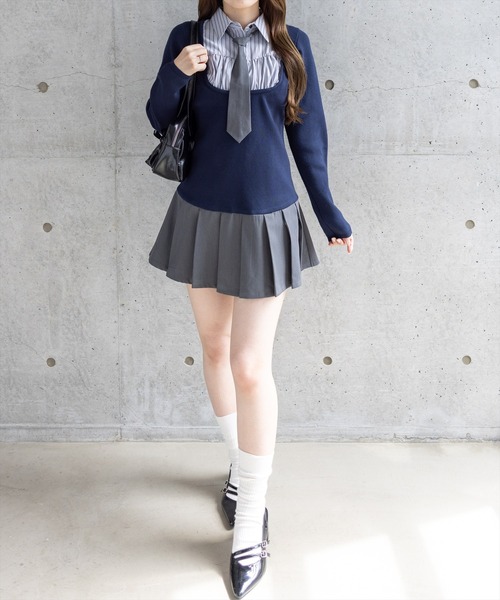 clear（クリア）の「ニットドッキングシャツミニワンピース［韓国ファッション ガーリー］（ワンピース・レディース・ネイビー/ブラック・F）」の19枚目の写真