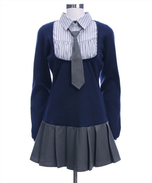 clear（クリア）の「ニットドッキングシャツミニワンピース［韓国ファッション ガーリー］（ワンピース・レディース・ネイビー/ブラック・F）」の17枚目の写真