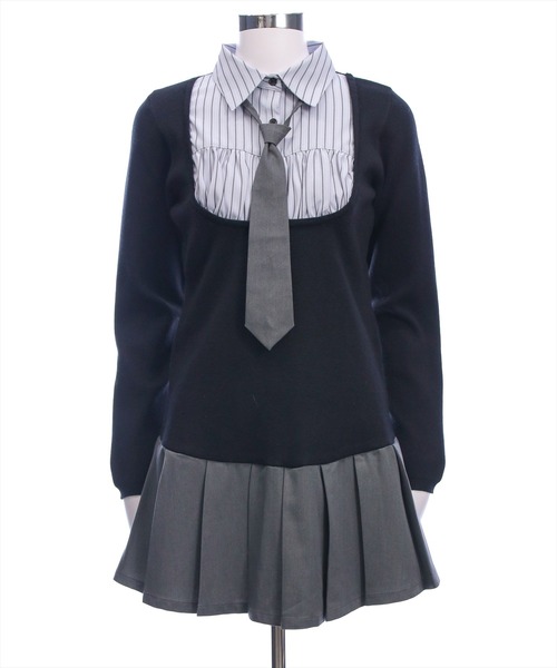 clear（クリア）の「ニットドッキングシャツミニワンピース［韓国ファッション ガーリー］（ワンピース・レディース・ネイビー/ブラック・F）」の18枚目の写真