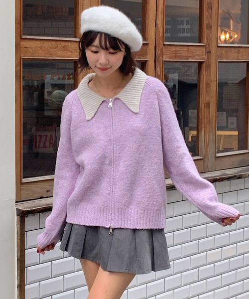 Teem Store(チームストア)の「ダブルジップバイカラーニットジャケット(カーディガン/ボレロ・レディース・グレー/アイボリー/パープル・F)」の1枚目の写真