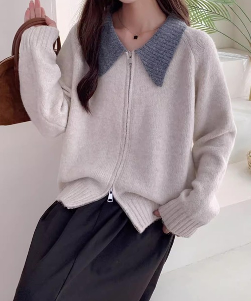 Teem Store(チームストア)の「ダブルジップバイカラーニットジャケット(カーディガン/ボレロ・レディース・グレー/アイボリー/パープル・F)」の2枚目の写真