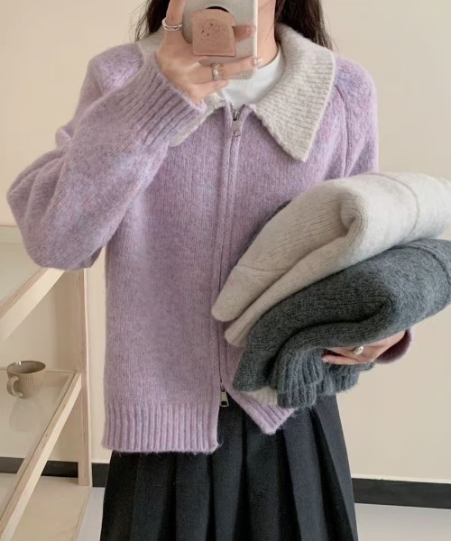 Teem Store(チームストア)の「ダブルジップバイカラーニットジャケット(カーディガン/ボレロ・レディース・グレー/アイボリー/パープル・F)」の15枚目の写真