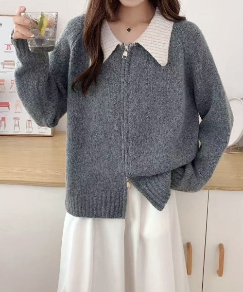 Teem Store(チームストア)の「ダブルジップバイカラーニットジャケット(カーディガン/ボレロ・レディース・グレー/アイボリー/パープル・F)」の11枚目の写真