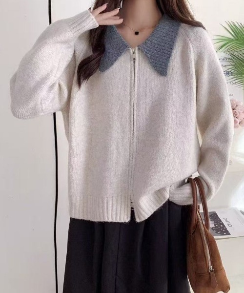 Teem Store(チームストア)の「ダブルジップバイカラーニットジャケット(カーディガン/ボレロ・レディース・グレー/アイボリー/パープル・F)」の6枚目の写真
