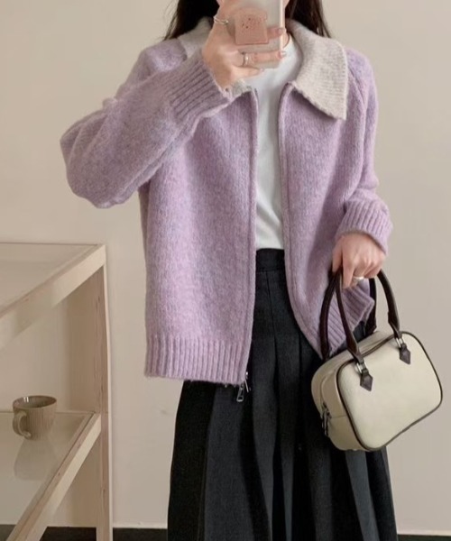 Teem Store(チームストア)の「ダブルジップバイカラーニットジャケット(カーディガン/ボレロ・レディース・グレー/アイボリー/パープル・F)」の16枚目の写真