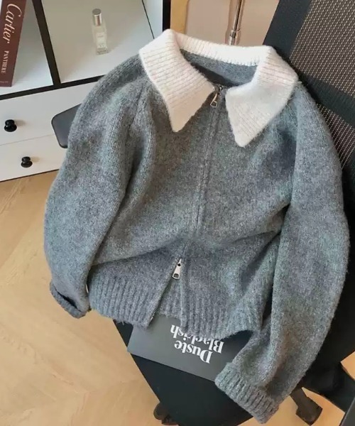 Teem Store(チームストア)の「ダブルジップバイカラーニットジャケット(カーディガン/ボレロ・レディース・グレー/アイボリー/パープル・F)」の10枚目の写真