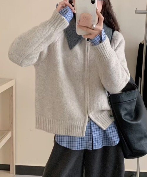 Teem Store(チームストア)の「ダブルジップバイカラーニットジャケット(カーディガン/ボレロ・レディース・グレー/アイボリー/パープル・F)」の9枚目の写真