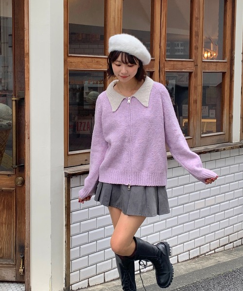 Teem Store(チームストア)の「ダブルジップバイカラーニットジャケット(カーディガン/ボレロ・レディース・グレー/アイボリー/パープル・F)」の22枚目の写真