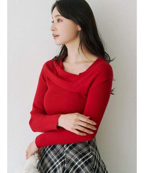 MERCURYDUO（マーキュリーデュオ）の「アシメドレープコンパクトニット（ニット/セーター・レディース・ネイビー/ライトグレー/レッド/オフホワイト・FREE）」の8枚目の写真