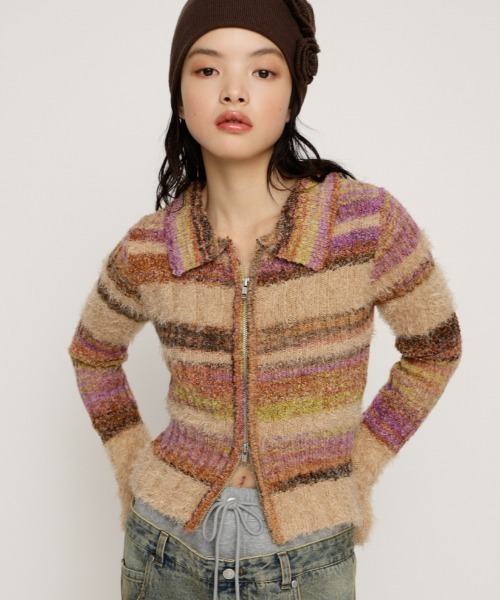 SLY(スライ)の「SHAGGY MIX FRONT ZIP TOPS シャギーミックス フロントジップ トップス 秋服 冬服(ニット/セーター・レディース・ホワイト系その他2/ベージュ系その他/ブルー系その他/グレー系その他2・FREE)」の1枚目の写真