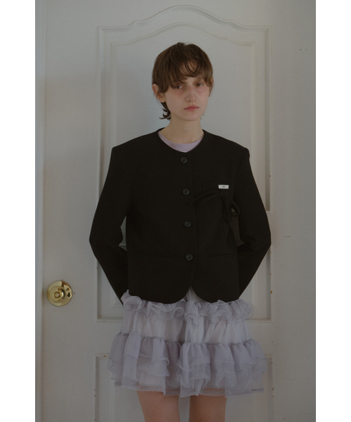 ROUND NECK RIBBON JACKET_BLACK