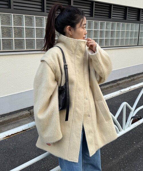 セール】【高見え&着映え】シャギー袖取り外しスタンドハーフコート