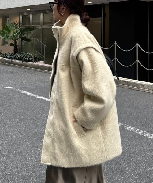 セール】【高見え&着映え】シャギー袖取り外しスタンドハーフコート