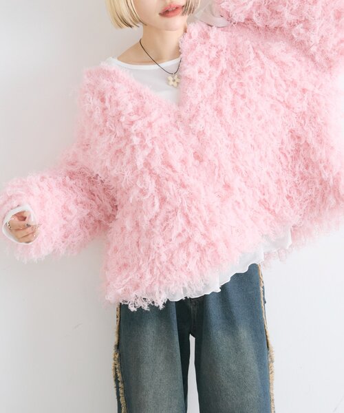 w closet(ダブルクローゼット)の「モシャモシャニットアウター(カーディガン/ボレロ・レディース・ピンク/グリーン・FREE)」の2枚目の写真