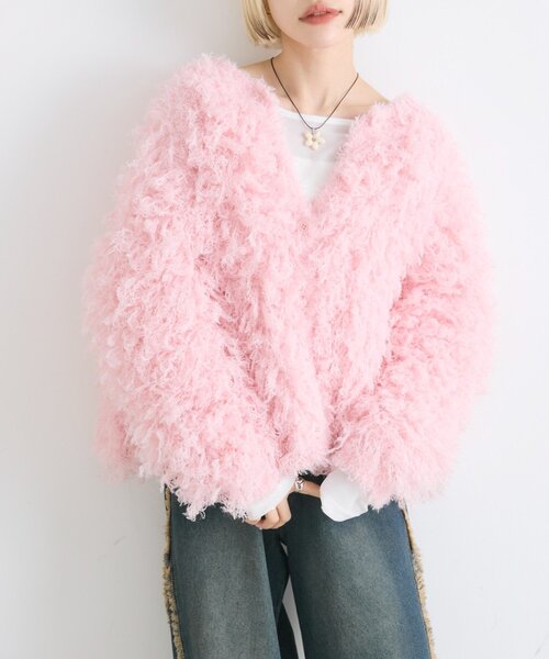 w closet(ダブルクローゼット)の「モシャモシャニットアウター(カーディガン/ボレロ・レディース・ピンク/グリーン・FREE)」の9枚目の写真