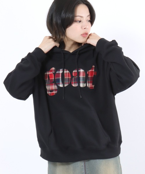 Salong hameu(サロン ハミュー)の「チェックロゴパッチワーク スウェットプルオーバーパーカー メンズ レディース ユニセックス(パーカー・レディース・ブラック/グレー/ネイビー・M/L)」の5枚目の写真