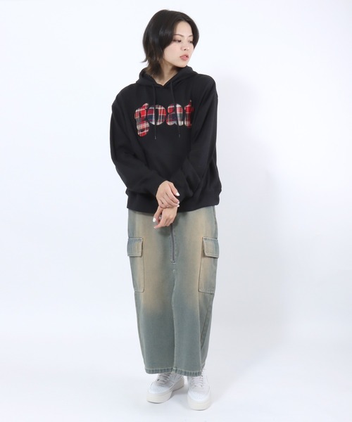 Salong hameu(サロン ハミュー)の「チェックロゴパッチワーク スウェットプルオーバーパーカー メンズ レディース ユニセックス(パーカー・レディース・ブラック/グレー/ネイビー・M/L)」の8枚目の写真