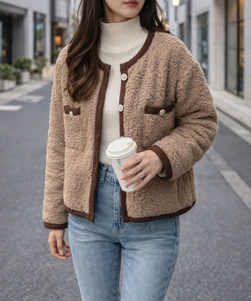 Amulet(アミュレット)の「あたたかさと上品さをひとまとめに♪ ノーカラーボアジャケット(ノーカラージャケット・レディース・ホワイト/ブラウン・XL/S/M/L)」の1枚目の写真