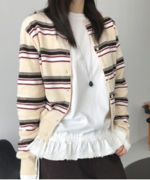 Vini(ヴィニ)の「マルチボーダー ショート丈カーディガン(Tシャツ/カットソー・レディース・グレー/ブラック/アイボリー・FREE)」の1枚目の写真