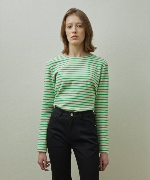 STEP AROUND(ステップアラウンド)の「ラフストライプTシャツ_GREEN(Tシャツ/カットソー・レディース・その他・SMALL)」の1枚目の写真