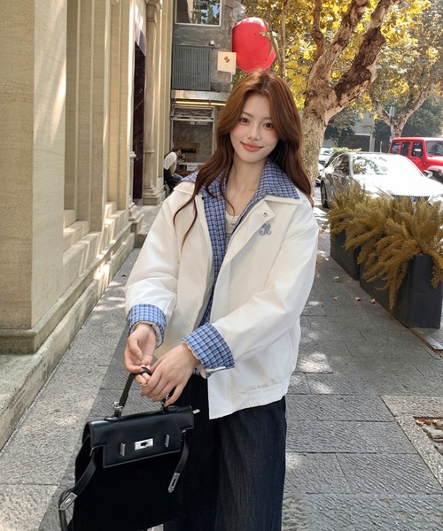 襟付きチェック柄切り替えジャケット（ブルゾン）｜Aelina（エリナ）の