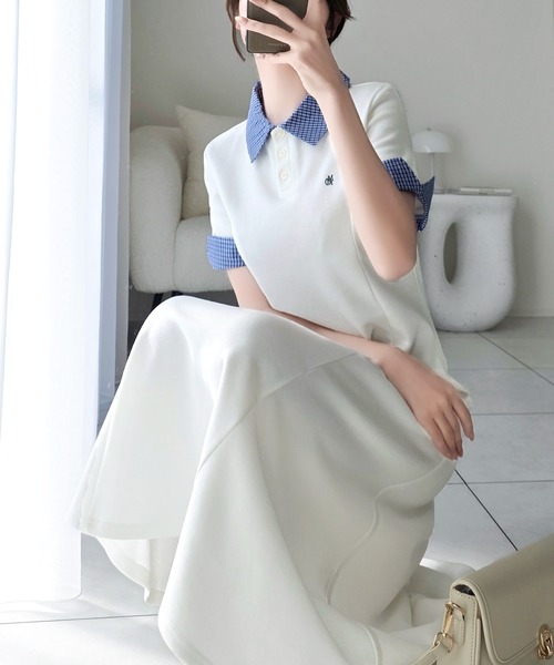 mily bilet(ミウィビレット)の「【mily bilet】パネルラインが描く美シルエット。ハーフスリーブポロワンピース (ロング丈)(ワンピース・レディース・ブラック/ネイビー/オフホワイト・MEDIUM/LARGE/X-LARGE/SMALL)」の7枚目の写真