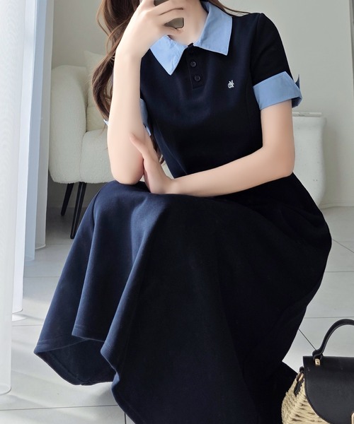 mily bilet(ミウィビレット)の「【mily bilet】パネルラインが描く美シルエット。ハーフスリーブポロワンピース (ロング丈)(ワンピース・レディース・ブラック/ネイビー/オフホワイト・MEDIUM/LARGE/X-LARGE/SMALL)」の5枚目の写真