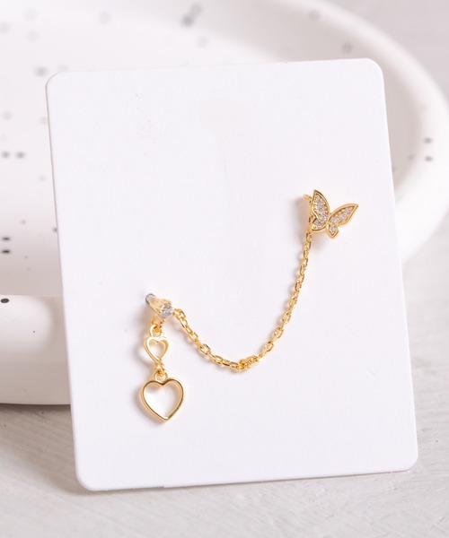 LINFA (リンファ)の「ステンレスポスト 片耳用 バタフライ&ハート組み合わせピアス(ピアス(片耳用)・レディース・シルバー/ゴールド・FREE)」の1枚目の写真