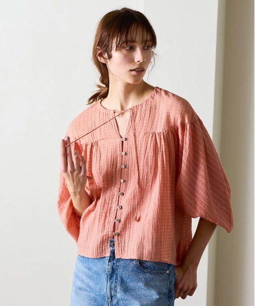 WALANCE(ワランス)の「natural dye Sheer Cotton Check gather blouse(シャツ/ブラウス・レディース・イエロー/レッド系その他・FREE)」の2枚目の写真