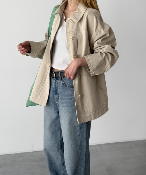 CANAL JEAN(キャナルジーン)の「HARING ツイルワークジャケット(ミリタリージャケット・レディース・ネイビー/ベージュ・ONE SIZE)」の14枚目の写真