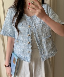 Maison Calme（メゾンカルム）の「【26春夏新作】ツイードフリンジゴールドボタン半袖ノーカラージャケット（ノーカラージャケット）」