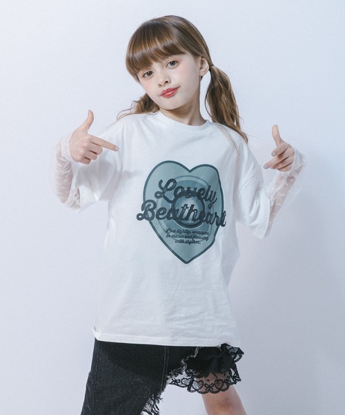 URBAN CHERRY(アーバンチェリー)の「ハートレコードプリントチュールドッキングTシャツ(Tシャツ/カットソー・キッズ・ピンク/ホワイト/ブラック・150cm/140cm/130cm/120cm/110cm)」の1枚目の写真