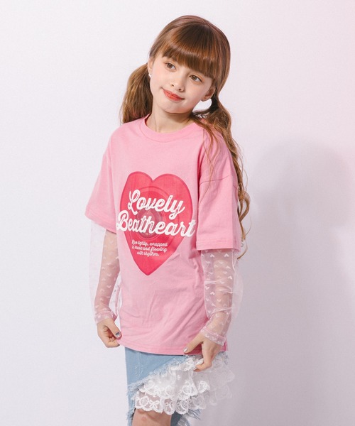 URBAN CHERRY(アーバンチェリー)の「ハートレコードプリントチュールドッキングTシャツ(Tシャツ/カットソー・キッズ・ピンク/ホワイト/ブラック・150cm/140cm/130cm/120cm/110cm)」の3枚目の写真