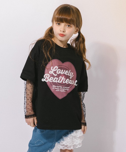 URBAN CHERRY(アーバンチェリー)の「ハートレコードプリントチュールドッキングTシャツ(Tシャツ/カットソー・キッズ・ピンク/ホワイト/ブラック・150cm/140cm/130cm/120cm/110cm)」の2枚目の写真