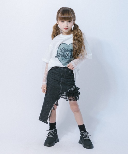 URBAN CHERRY(アーバンチェリー)の「ハートレコードプリントチュールドッキングTシャツ(Tシャツ/カットソー・キッズ・ピンク/ホワイト/ブラック・150cm/140cm/130cm/120cm/110cm)」の20枚目の写真
