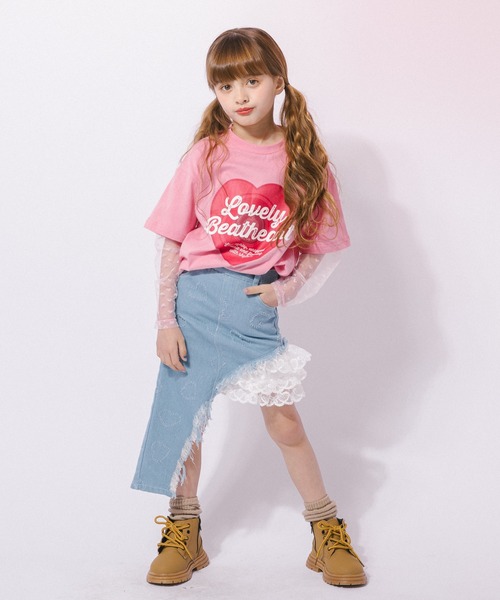 URBAN CHERRY(アーバンチェリー)の「ハートレコードプリントチュールドッキングTシャツ(Tシャツ/カットソー・キッズ・ピンク/ホワイト/ブラック・150cm/140cm/130cm/120cm/110cm)」の4枚目の写真