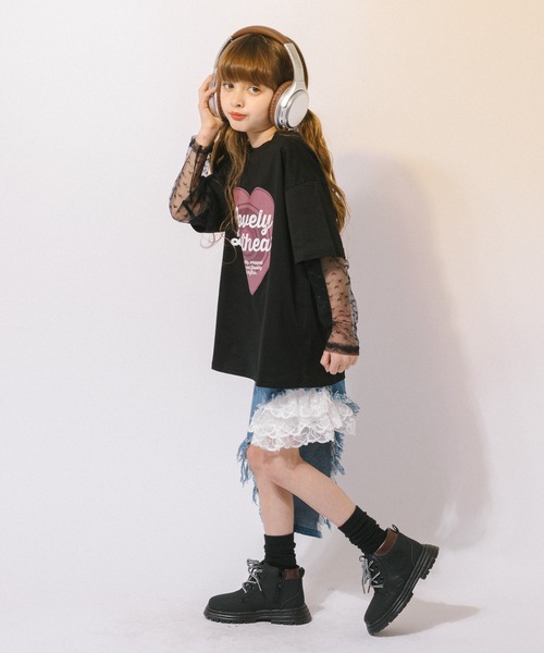 URBAN CHERRY(アーバンチェリー)の「ハートレコードプリントチュールドッキングTシャツ(Tシャツ/カットソー・キッズ・ピンク/ホワイト/ブラック・150cm/140cm/130cm/120cm/110cm)」の21枚目の写真