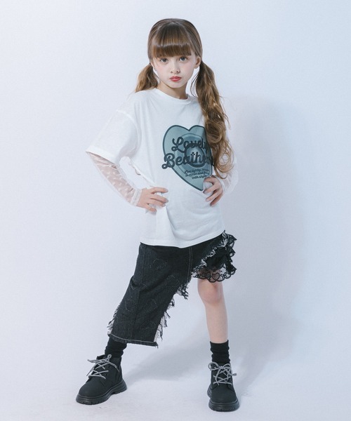 URBAN CHERRY(アーバンチェリー)の「ハートレコードプリントチュールドッキングTシャツ(Tシャツ/カットソー・キッズ・ピンク/ホワイト/ブラック・150cm/140cm/130cm/120cm/110cm)」の19枚目の写真