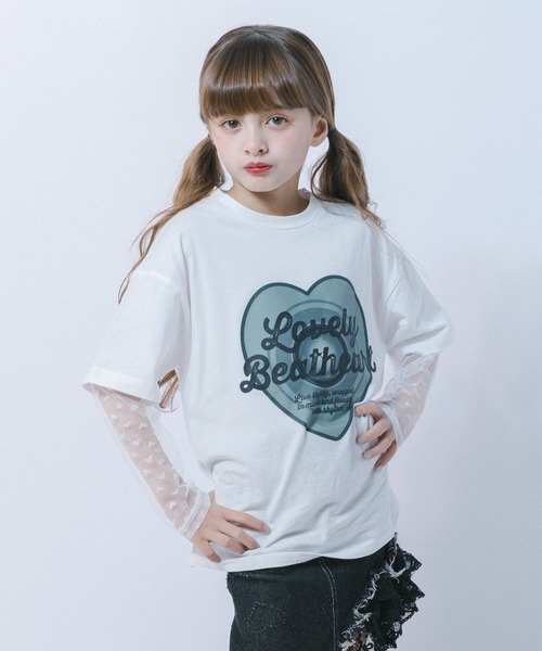 URBAN CHERRY(アーバンチェリー)の「ハートレコードプリントチュールドッキングTシャツ(Tシャツ/カットソー・キッズ・ピンク/ホワイト/ブラック・150cm/140cm/130cm/120cm/110cm)」の16枚目の写真