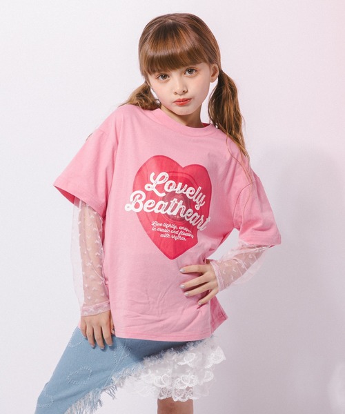 URBAN CHERRY(アーバンチェリー)の「ハートレコードプリントチュールドッキングTシャツ(Tシャツ/カットソー・キッズ・ピンク/ホワイト/ブラック・150cm/140cm/130cm/120cm/110cm)」の18枚目の写真