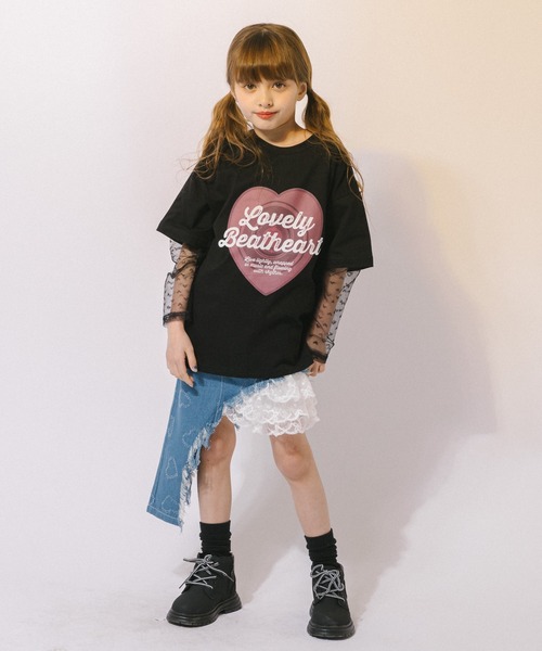 URBAN CHERRY(アーバンチェリー)の「ハートレコードプリントチュールドッキングTシャツ(Tシャツ/カットソー・キッズ・ピンク/ホワイト/ブラック・150cm/140cm/130cm/120cm/110cm)」の22枚目の写真
