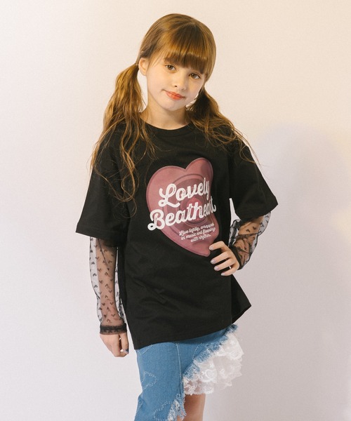 URBAN CHERRY(アーバンチェリー)の「ハートレコードプリントチュールドッキングTシャツ(Tシャツ/カットソー・キッズ・ピンク/ホワイト/ブラック・150cm/140cm/130cm/120cm/110cm)」の17枚目の写真