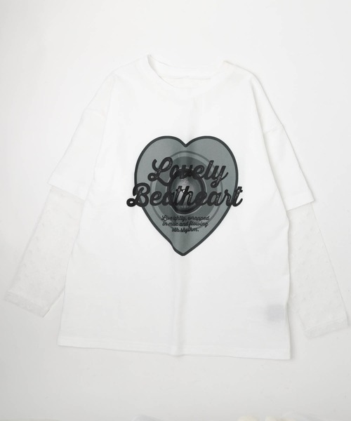 URBAN CHERRY(アーバンチェリー)の「ハートレコードプリントチュールドッキングTシャツ(Tシャツ/カットソー・キッズ・ピンク/ホワイト/ブラック・150cm/140cm/130cm/120cm/110cm)」の5枚目の写真