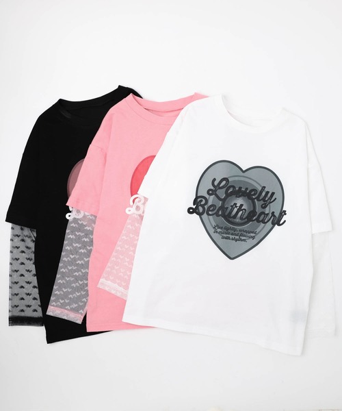 URBAN CHERRY(アーバンチェリー)の「ハートレコードプリントチュールドッキングTシャツ(Tシャツ/カットソー・キッズ・ピンク/ホワイト/ブラック・150cm/140cm/130cm/120cm/110cm)」の12枚目の写真