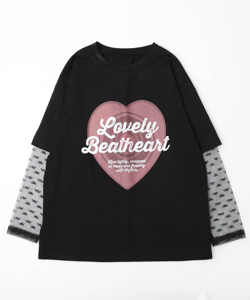 URBAN CHERRY(アーバンチェリー)の「ハートレコードプリントチュールドッキングTシャツ(Tシャツ/カットソー・キッズ・ピンク/ホワイト/ブラック・150cm/140cm/130cm/120cm/110cm)」の6枚目の写真
