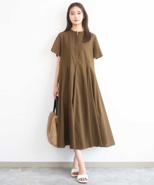 MK MICHEL KLEIN（エムケーミッシェルクラン）の「[洗える]サッカー調ウエスト切り替えワンピース（ワンピース・レディース・ライトピンク/ブラウン・38）」の2枚目の写真