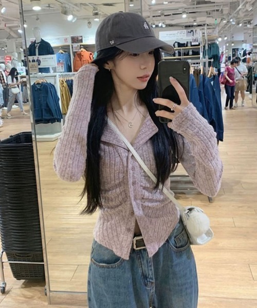 Emilie（エミリー）の「リブカーディガン シャーリングデザイン リブトップス（Tシャツ/カットソー・レディース・ピンク/ライトベージュ/グレー・FREE）」の13枚目の写真