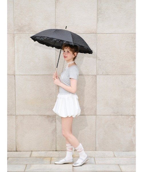 tutuanna（チュチュアンナ）の「[UVカット・遮光率100％]フリル付きドット柄日傘（晴雨兼用）（長傘・レディース・ブラック/オフホワイト/ミント・フリー）」の4枚目の写真