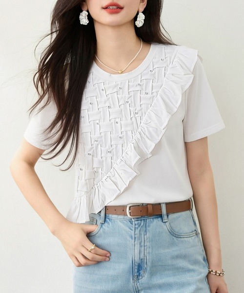 AMAJI（アマジ）の「フリルデザイン 切替デザイン 半袖 クルーネック トップス（Tシャツ/カットソー・レディース・ホワイト・X-LARGE/LARGE/MEDIUM/SMALL）」の4枚目の写真